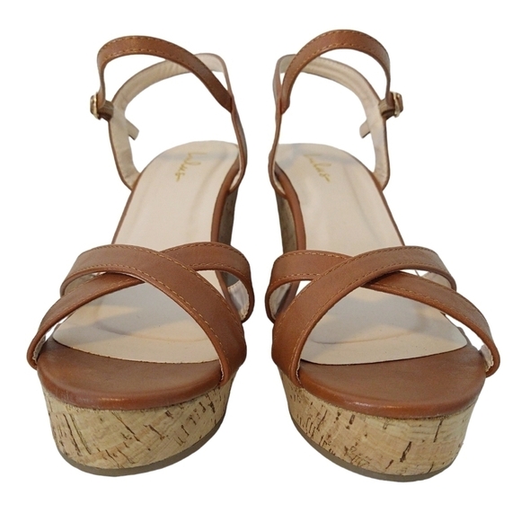 Lulu's Nixie Brown Tan Cork Wedge Platform Sandals Criss Cross Beachy - Picture 5 of 11